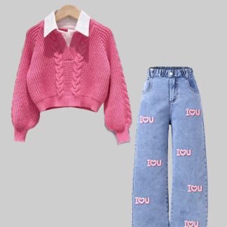 Girls' Knit Sweater And Faux Denim 2pcs Set, Fall Winter New Y2K Street Style Preppy Outfit Short Loose Knit Top And Straight Wide-Leg Faux Denim Towel Embroidered Decor Trendy Cool Vintage Fashion Versatile Individual Street Casual Girls' Fall Outf