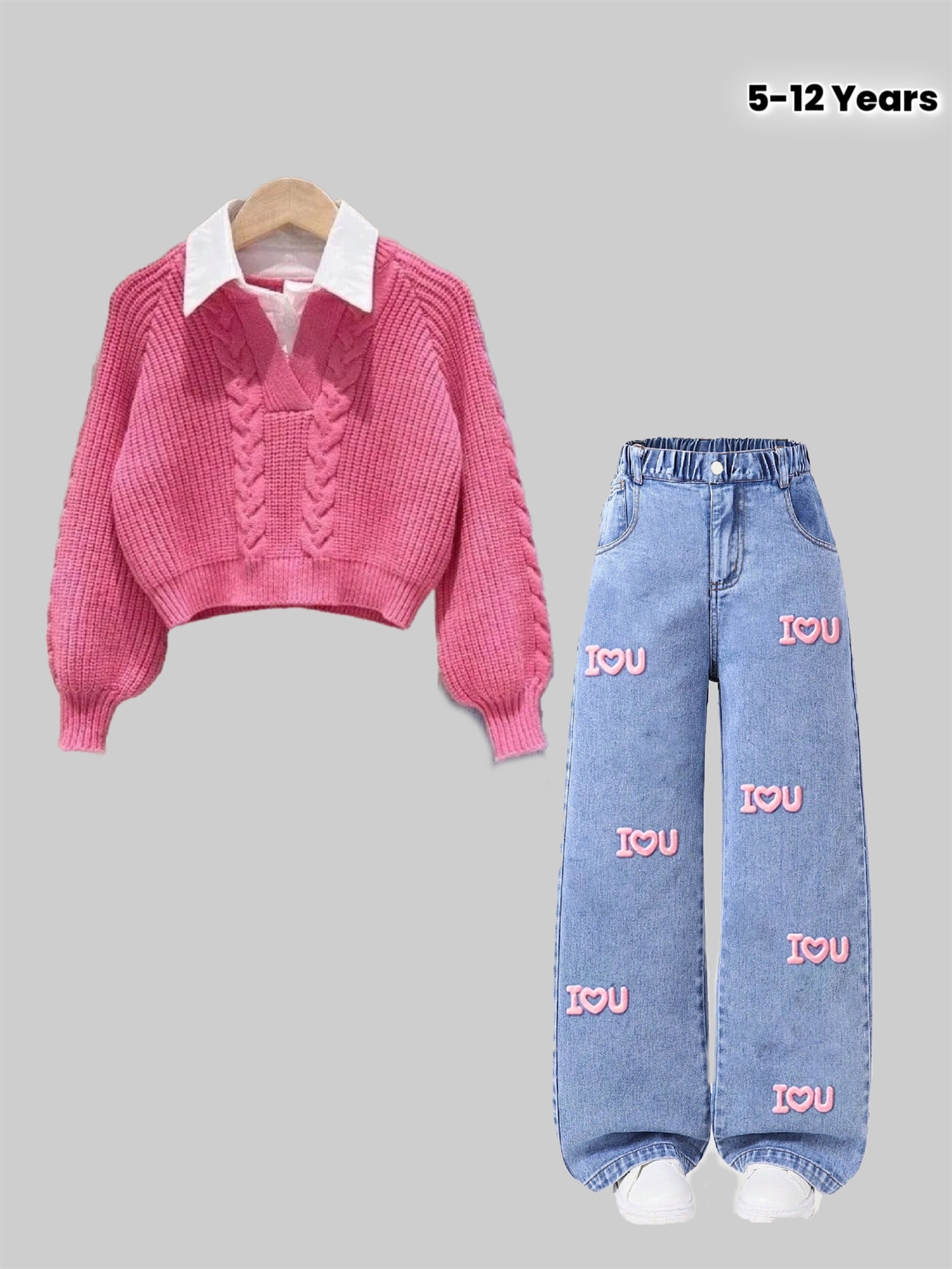 Girls' Knit Sweater And Faux Denim 2pcs Set, Fall Winter New Y2K Street Style Preppy Outfit Short Loose Knit Top And Straight Wide-Leg Faux Denim Towel Embroidered Decor Trendy Cool Vintage Fashion Versatile Individual Street Casual Girls' Fall Outf