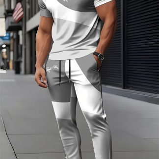 Men'S Tricolor Patchwork Print Short Sleeve Round Neck Street Casual Set, Casual Choice, Casual Athletic Wear Breathable Outdoor Casual Men'S T-Shirt And Drawstring Long Pants Set Spring Summer Adult Two-Piece Set, Essential for Daily Outdoor Wear
