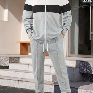 Men's 2pcs Set: Color-Block Zip-Up Cardigan and Straight-Leg Drawstring Pants, New Spring/Autumn Collection, Clean and Comfortable