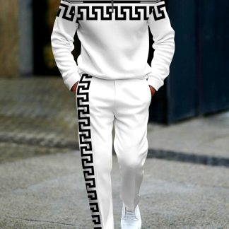 Trendy Casual Men'S Fashion Two-Piece Outfit Featuring a Half-Zip Pullover Sweatshirt And Track Pants Adorned with Black Geometric Stripes And a Greek Key Design, Perfect for Adult Sportswear