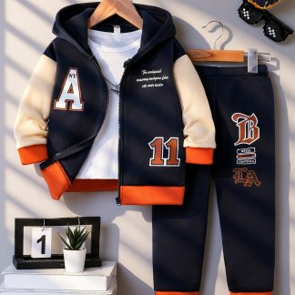 2pcs Boys' New Hooded Zip-Up Top And Long Pants Set, Trendy Cool Style with Letter Pattern Print, Fall Winter Fleece Thickened Fashion Outfit, Suitable for Outdoor Activities And Casual Wear, Micro-Elastic Durable Fabric, Best Choice for Kids' Gifts