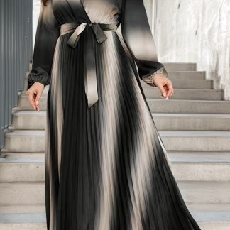 Plus Size - Plus Size - Plus Size Gradient Maxi Dress, Elegant Style V-Neck Puff Sleeve Waist-Cinching Dress