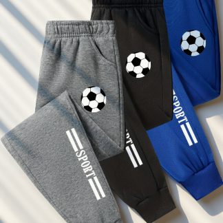 3 Pairs of Stylish Boys' Athletic Pants with Soccer Letter Prints, Suitable for Sports, Hiking, Cycling, and Other Occasions, Classic Everyday Style, Perfect for Outdoor