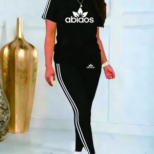 Women's Sporty Casual Short-Sleeve T-Shirt and Long Pants 2pcs Set, Loose and Breathable Sportswear Set with Side Stripes and Pattern Print, for Home, Fitness, Leisure, and Lazy Outfits in Spring and Autumn