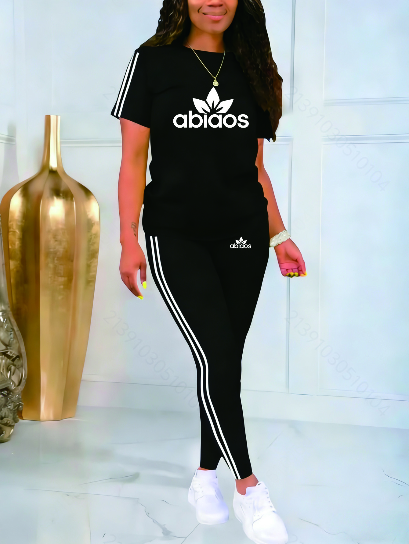 Women's Sporty Casual Short-Sleeve T-Shirt and Long Pants 2pcs Set, Loose and Breathable Sportswear Set with Side Stripes and Pattern Print, for Home, Fitness, Leisure, and Lazy Outfits in Spring and Autumn