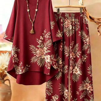 Plus Size, New Arrival Plus Size Women's Bohemian Style Set, Retro, Elegant and Fashionable, Featuring Round Neck and Mid-Sleeve Design. Made of Lightweight and Comfortable Fabric with Geometric Art Print Pattern. Ideal for Casual Outings