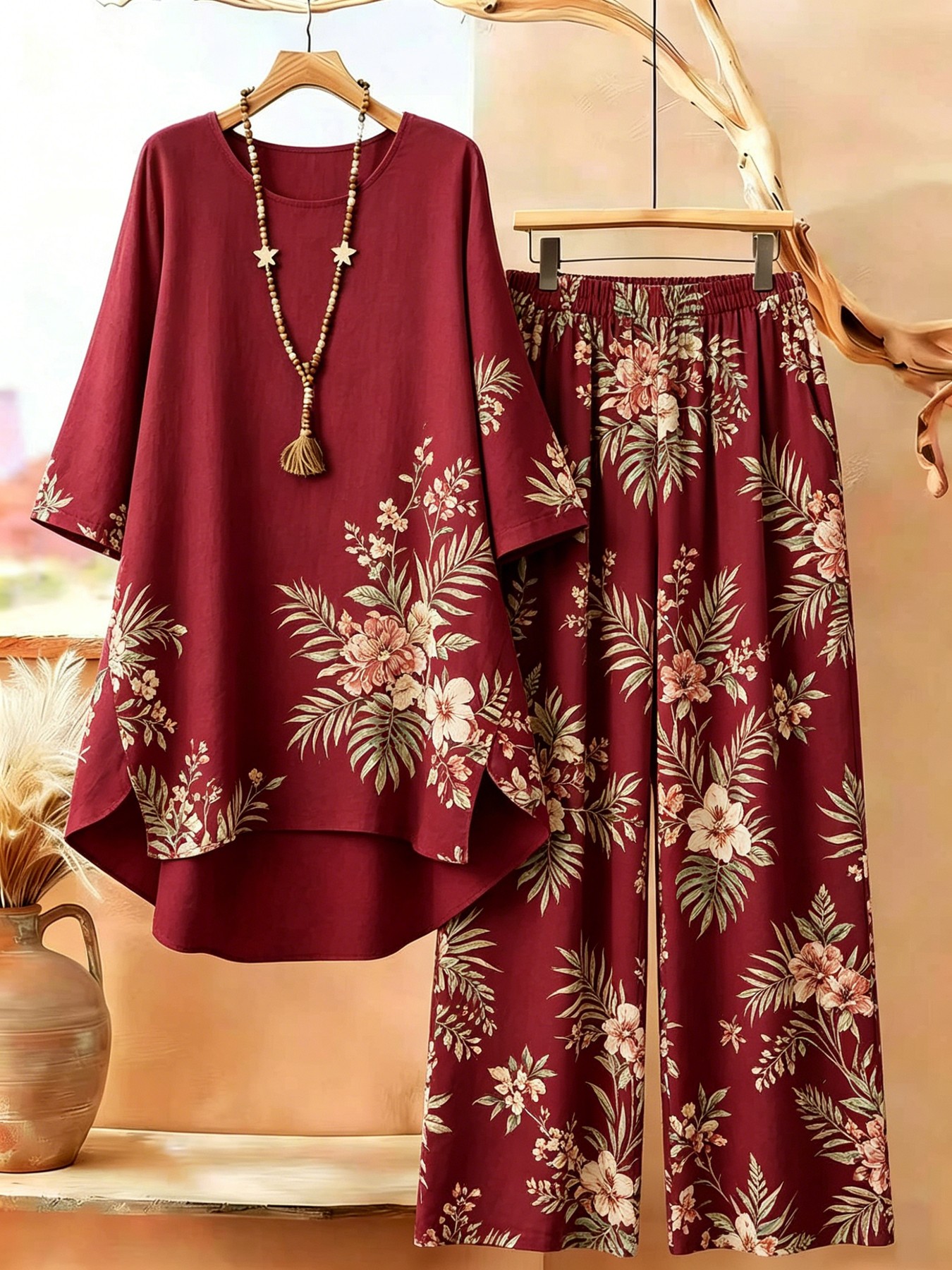 Plus Size, New Arrival Plus Size Women's Bohemian Style Set, Retro, Elegant and Fashionable, Featuring Round Neck and Mid-Sleeve Design. Made of Lightweight and Comfortable Fabric with Geometric Art Print Pattern. Ideal for Casual Outings