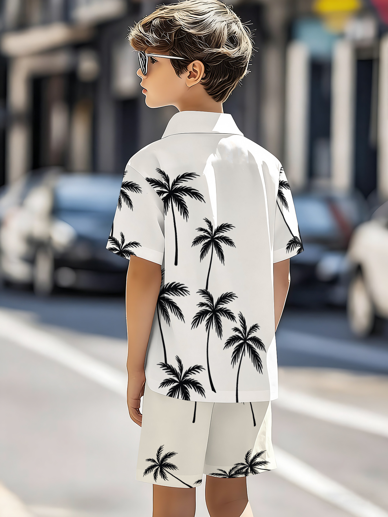 Casual and Fashionable, Cool, Vacation, Beach, Seaside, and Sporty Style Loose Comfortable Short-sleeve Shirt and Shorts Set with Tropical Plant Patterns, Perfect for Young Boys., Perfect for Outdoor, for Teenager - Image 3