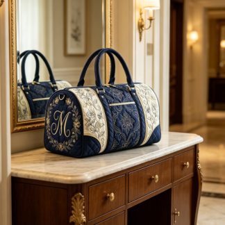 Letter-Printed Navy Floral Quilted Tote Bag, 3D Embroidered Large-Capacity Travel Bag, Elegant Women'S Weekend Travel Bag, Travel, Shopping, And Daily Use, with Exquisite Aesthetics