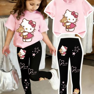 Sanrio 2pcs Girls' Spring/Autumn Sanrio-Hello Kitty Cartoon Pattern Fashion Casual Sporty Short-Sleeve T-Shirt + Leggings Set, Perfect for Outdoor