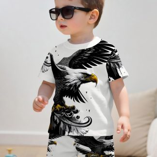 Boys' Fashionable Ink-wash Eagle Pattern, Printed Design, Suitable for Children's Clothing Gifts, Made of Comfortable Fabric, Suitable for Summer, Casual Sports 2pcs Set, Very Suitable for Outdoor Use, Perfect for Outdoor