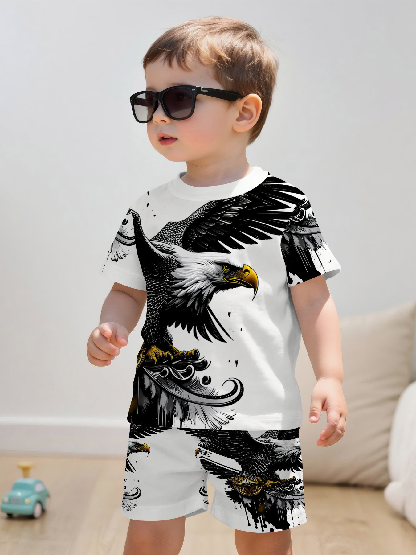 Boys' Fashionable Ink-wash Eagle Pattern, Printed Design, Suitable for Children's Clothing Gifts, Made of Comfortable Fabric, Suitable for Summer, Casual Sports 2pcs Set, Very Suitable for Outdoor Use, Perfect for Outdoor