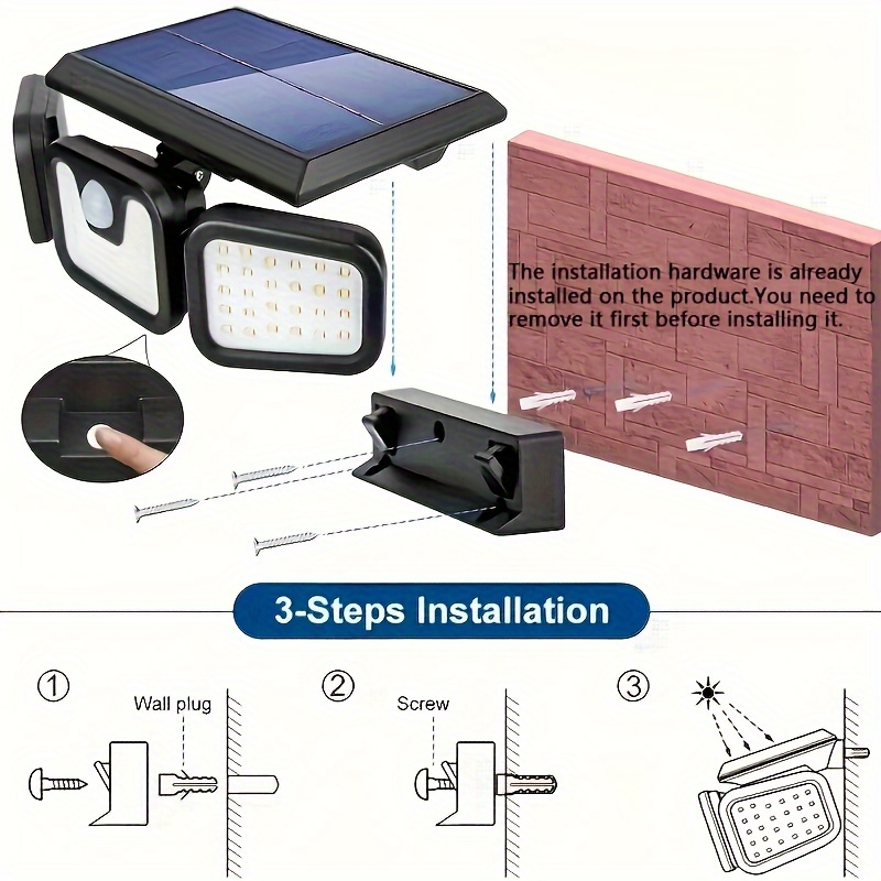 Three Heads, Outdoor Solar Street Lights, Solar Garden Wall Lights, IP44, 3 Lighting Modes with Human Body Induction, Suitable for Courtyards, Stadiums, Playgrounds, Hotels, Gardens, Garages, Backyards, Terraces, Passages - Image 11