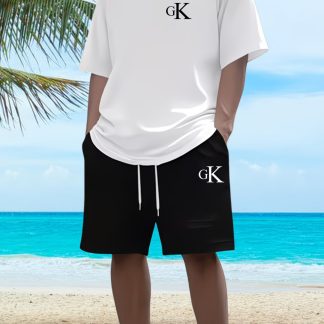 Men's Fashion Set - Casual Versatile 2pcs Outfit with GK Letter Print Short-Sleeve T-Shirt and Shorts. Breathable and Comfortable Crew Neck Short-Sleeve Casual Set, Suitable for Summer Daily Wear and Outdoor Fitness Activities