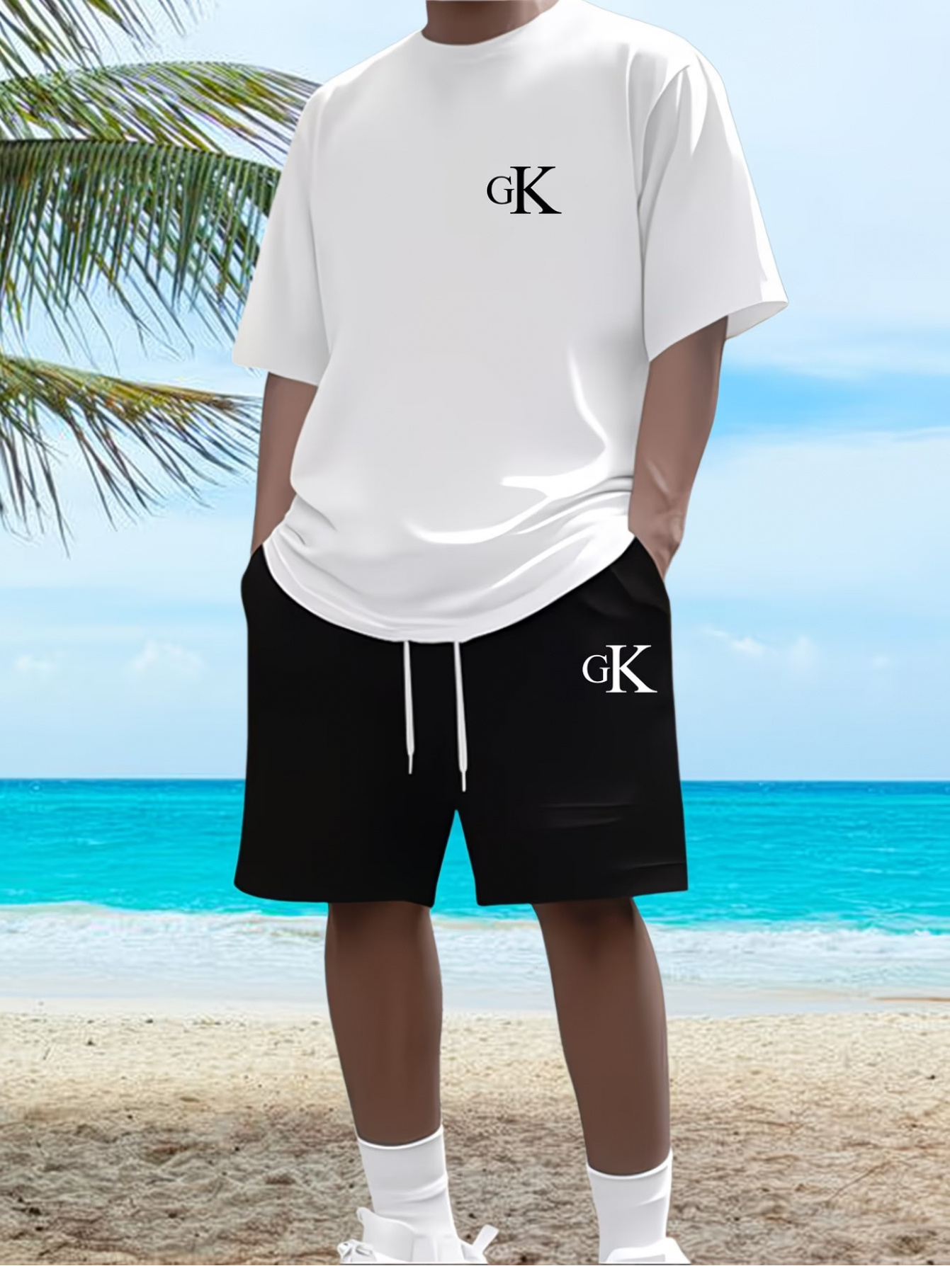 Men's Fashion Set - Casual Versatile 2pcs Outfit with GK Letter Print Short-Sleeve T-Shirt and Shorts. Breathable and Comfortable Crew Neck Short-Sleeve Casual Set, Suitable for Summer Daily Wear and Outdoor Fitness Activities