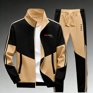 Athletic Jacket And Long Pants Set with a Street Style, Featuring a Trendy Color-Block Design And Paris Logo Print, Suitable for Men'S Fashionable Sportswear And Casual Adult Clothing