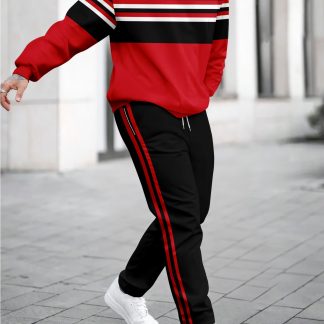 Men'S Spring And Autumn Red And Black Color Block Stand Collar Half Zip Sweatshirt And Sweatpants Set | Double Side Striped Casual Sports 2pcs Tracksuit