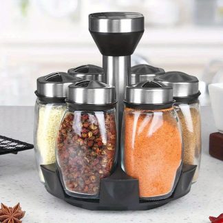7pcs/set Spice Jar Set Rack Glass Organizer Rotating Glass Seasoning Sugar Pepper Bottles Salt Shakers Holder Kitchen Storage Rack