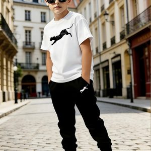 New Summer Boys' Breathable Short-Sleeve Top + Lightweight Long Pants Set, Featuring a Unique Minimalist Geometric Pattern Design, a Comfortable and Versatile Sportswear Combo, the Perfect Choice for Outdoor Leisure and Athletic Wear