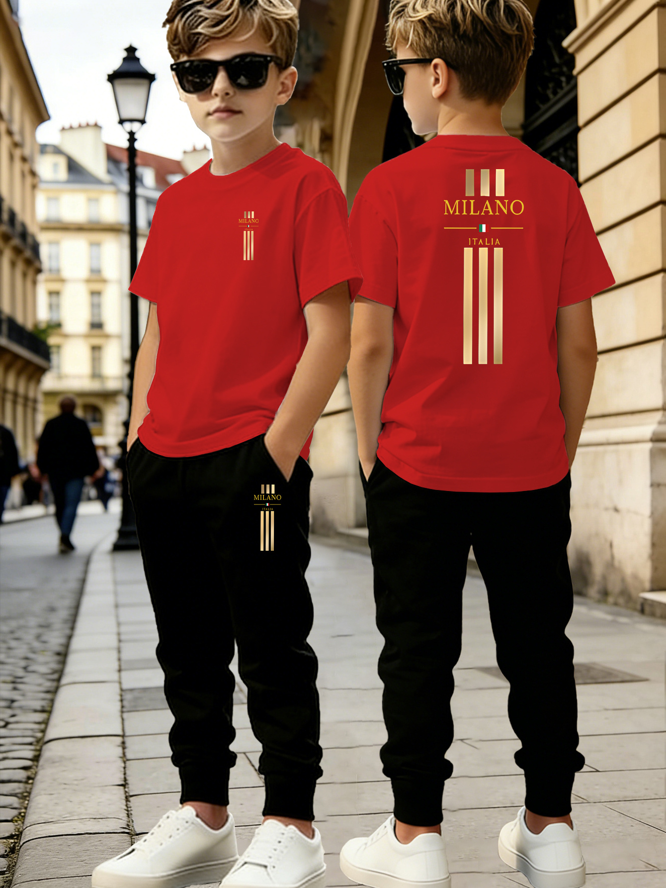 New Summer Boys' Short-Sleeved + Thin Long Pants Set, with Trendy Letter Pattern Printing Design, Versatile And Breathable Sportswear Set, Beautiful And Comfortable, Slightly Elastic Fabric, Regular Fit, Suitable for Outdoor Activities - Image 2