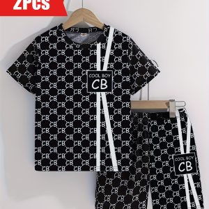 Boys' Summer Casual Round Neck Short Sleeve Printed Letter Pattern Knit Top And Shorts Set, Suitable for Outdoor Activities