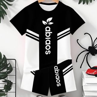 Boys' Summer Sports Suit, 2pcs Short-sleeved Shorts Printed with Black and White Splicing Letters, Suitable for Daily Wear., Perfect for Outdoor