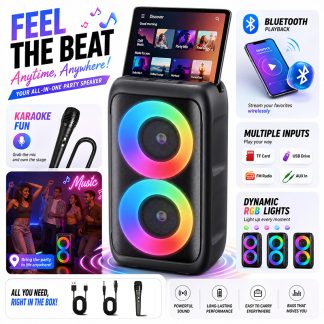 Portable Bluetooth Party Speaker with Dual Woofers, RGB LED Light Show, TWS Pairing, FM Radio, TF Card Playback & Wired Microphone, Loud Stereo Outdoor Speaker for Home, Beach, Camping, Parties, Father's Day & Graduation Gifts