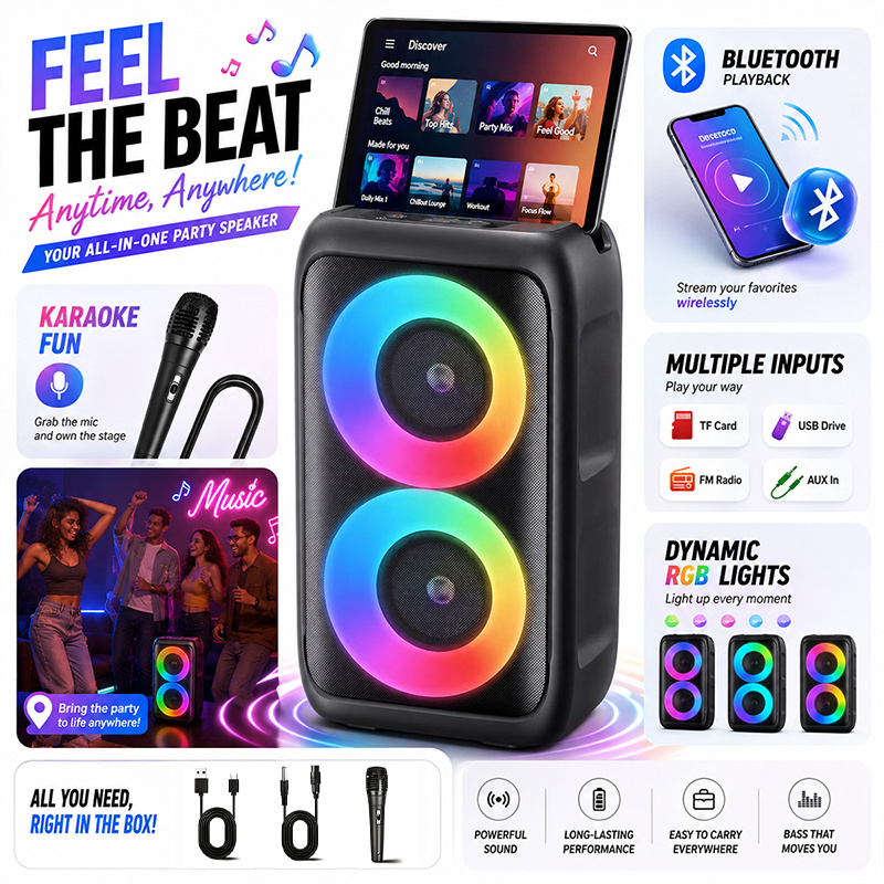 Portable Bluetooth Party Speaker with Dual Woofers, RGB LED Light Show, TWS Pairing, FM Radio, TF Card Playback & Wired Microphone, Loud Stereo Outdoor Speaker for Home, Beach, Camping, Parties, Father's Day & Graduation Gifts