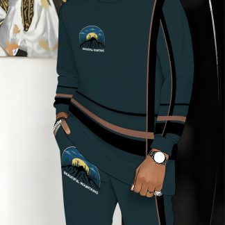 Minimalist Striped Moonlight Logo Print for Men, Featuring Long Sleeves And Pants, Perfect for Home, Travel, And Outings
