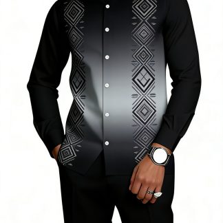 Men's 2pcs Stand-collar Long Sleeve Shirt and Suit Pants Set. Slim Fit with Black-grey Gradient Diamond Ethnic 3D Print. Soft Fabric, Ideal for Daily Casual Wear and Business Commuting.