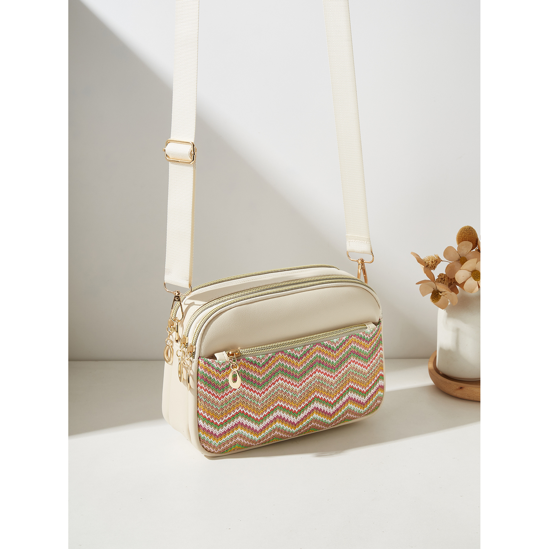 2026 New Women'S Handbags Bohemian Woven Crossbody Bag Multi-Pocket Large Capacity Shoulder Bag Adjustable Wide Strap Casual Women'S Bag Fashion Zipper Phone Bag Commuting Travel Shopping Versatile