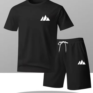 Men's Casual Sports 2pcs Suit- Daily Wear, Black Triangular Mountain Peak Print Summer Men's Breathable Comfortable Outdoor Casual Suitable for Various Scenes Short-Sleeved Round Neck T-Shirt And Casual Shorts Adult Suit Trendy Must-Have Holid