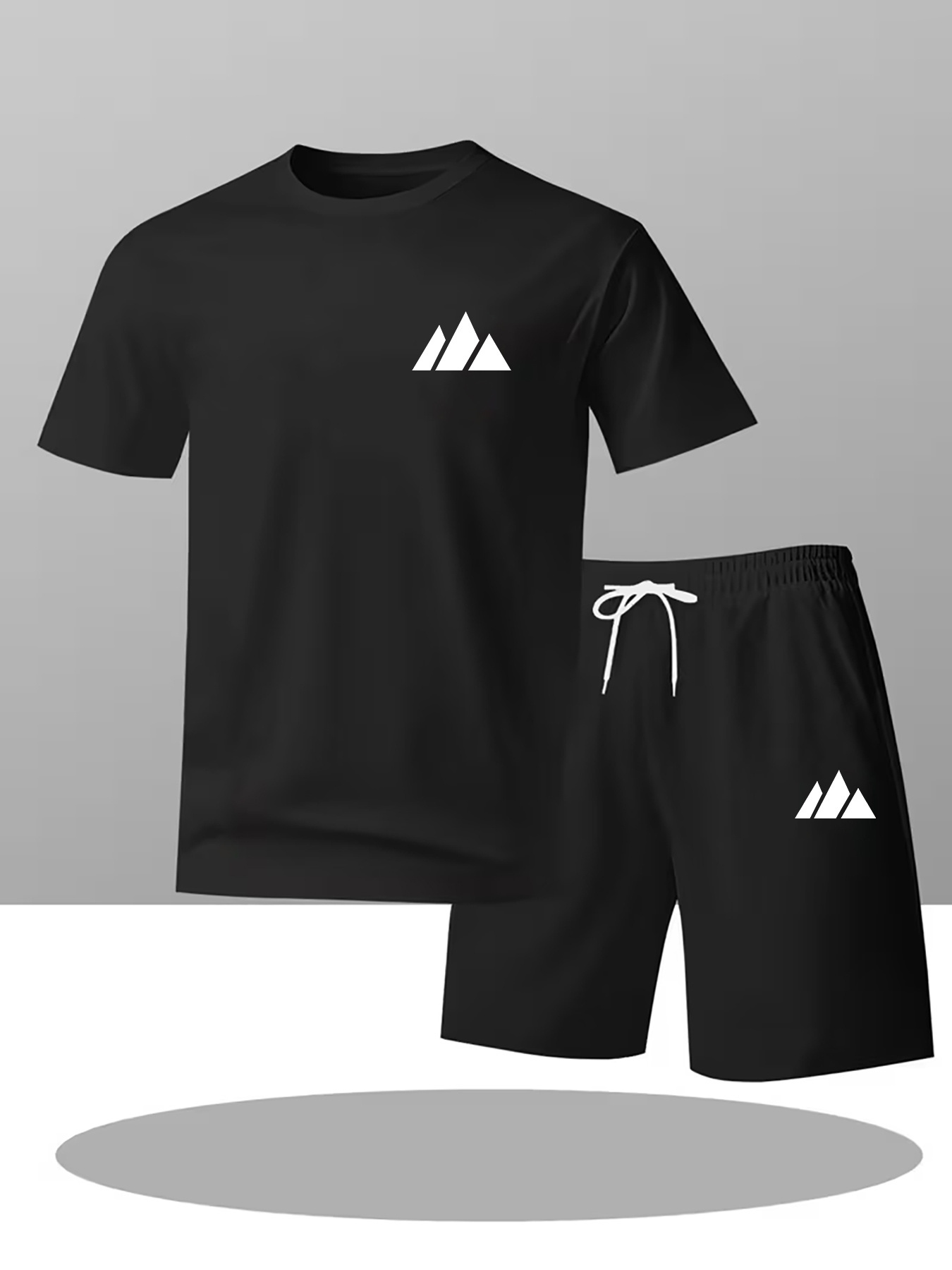 Men's Casual Sports 2pcs Suit- Daily Wear, Black Triangular Mountain Peak Print Summer Men's Breathable Comfortable Outdoor Casual Suitable for Various Scenes Short-Sleeved Round Neck T-Shirt And Casual Shorts Adult Suit Trendy Must-Have Holid