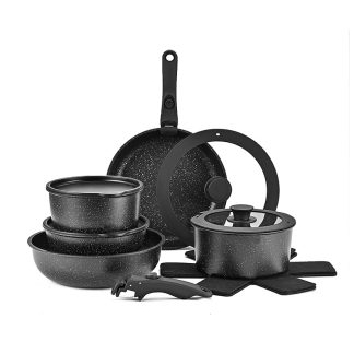 5pcs Black Non-stick Cookware Set, Ceramic Non-stick Soup Pot and Frying Pan Set, with Detachable Handles, Stackable RV Kitchenware, Durable and Stylish Home Kitchen Cooking Pots, Suitable for Camping, Oven Safe