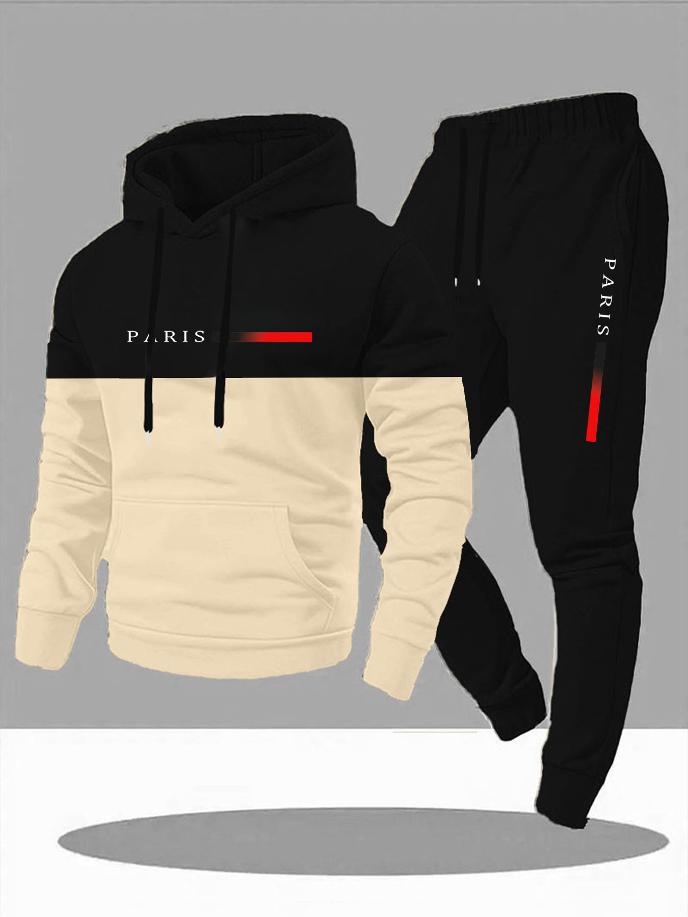 Men'S Casual Color Block Hoodie and Sweatpants Set - "PATRIS" Print, &, Regular Fit, Slight Stretch Fabric, Perfect for Outdoor Leisure Sports, Fall/Winter Collection, Outdoor Leisure Wear|Casual Style|Stretch Fabric