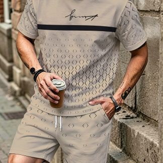 Men's 2pcs Matching Short- T-Shirt & Shorts Beachwear Suit - Breathable Round-Neck Matching Outfit with T-Shirt & Swim Shorts, Machine Washable Summer Gym & Casual Wear for Training,, Vacation - 2pcs Set