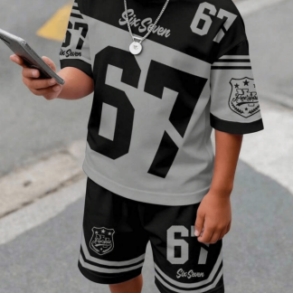 2pcs Set - Casual Comfortable Minimalist Round-Neck Short-Sleeved T-Shirt And Shorts Set, Style #67, Featuring Classic Cool And Stylish Patterns, Suitable for Children to Use, for Outdoor