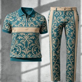 Men'S Casual Sports Suit, Polo Collar with Long Pants Design, Artistic Graphic Print, Suitable for Casual Outings Or Gatherings, Loose And Comfortable Fit, Men'S Suit, Four-Season Outfit, Men'S Gift, Preferred Choice for Holiday Gifts