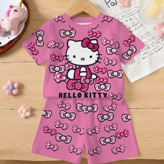 Sanrio Girls' Full Print Polka Dot Bow Tie Funky Hello Kitty Print Design, Short Sleeve Crew Neck Sweatshirt Sports Set, Suitable for Children'S Wearable Gift. Comfortable Fabric for Summer, Casual Sports Sweatshirt Set, Perfect for Outdoor Use