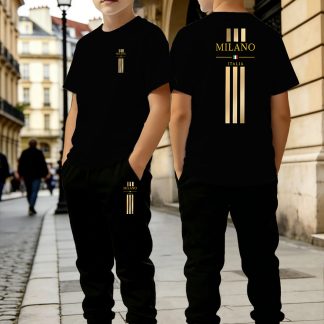 New Summer Boys' Short-Sleeved + Thin Long Pants Set, with Trendy Letter Pattern Printing Design, Versatile And Breathable Sportswear Set, Beautiful And Comfortable, Slightly Elastic Fabric, Regular Fit, Suitable for Outdoor Activities
