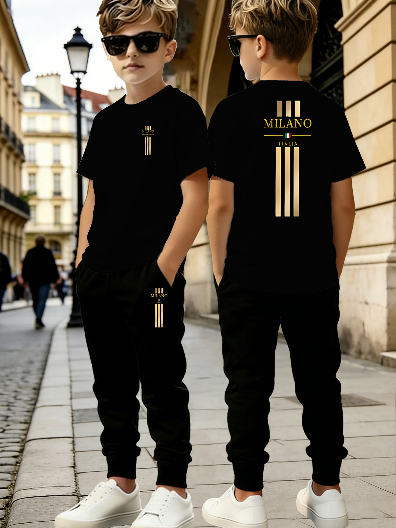 New Summer Boys' Short-Sleeved + Thin Long Pants Set, with Trendy Letter Pattern Printing Design, Versatile And Breathable Sportswear Set, Beautiful And Comfortable, Slightly Elastic Fabric, Regular Fit, Suitable for Outdoor Activities