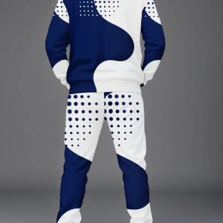 Men'S Casual Hoodie And Jogger Pants Suit | White And Navy Blue Geometric Print, Regular Fit With Pockets, Street Style For All Seasons, Non-Stretch Fabric, Perfect For Casual Wear, Plus Size, Everyday Outfit, Lounge Wear, Trendy Joggers, Modern