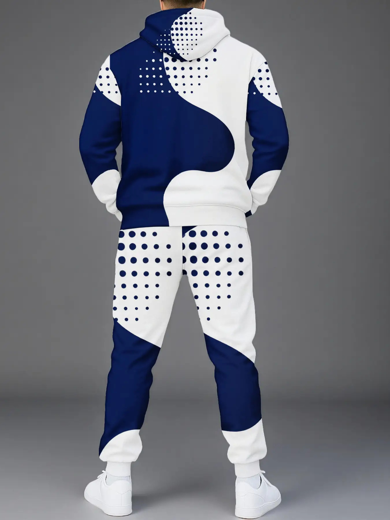 Men'S Casual Hoodie And Jogger Pants Suit | White And Navy Blue Geometric Print, Regular Fit With Pockets, Street Style For All Seasons, Non-Stretch Fabric, Perfect For Casual Wear, Plus Size, Everyday Outfit, Lounge Wear, Trendy Joggers, Modern