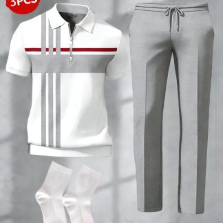 3pcs Set- Men'S Half Zipper Short Sleeve Pants Set And Socks, Contrast Stripe Cross Print, Suitable for Casual Office And Daily Wear, Mature Men'S Fashion Dressing, Large Size, Soft Polyester Fabric, Men'S Gift, Affordable Men'S Products