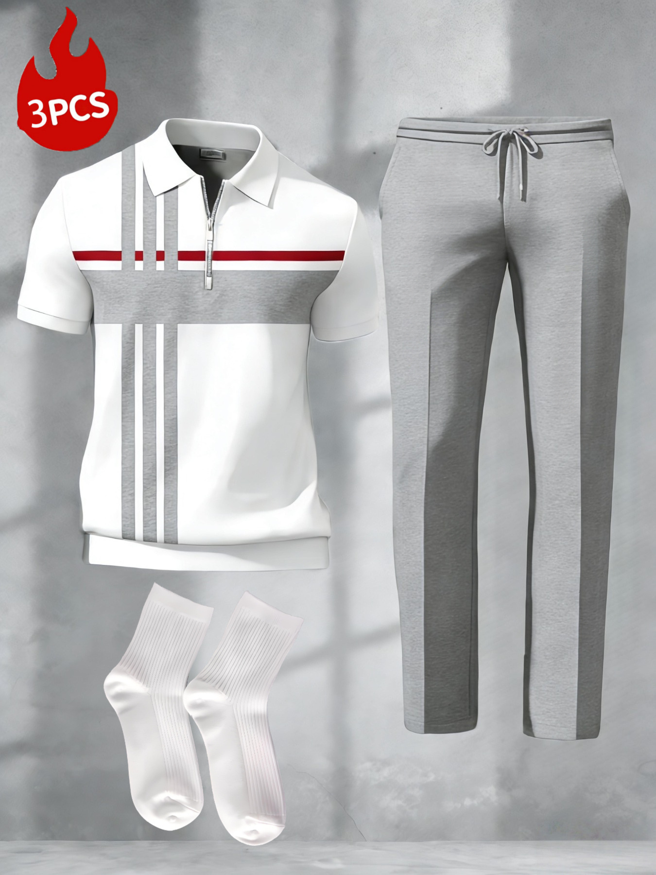 3pcs Set- Men'S Half Zipper Short Sleeve Pants Set And Socks, Contrast Stripe Cross Print, Suitable for Casual Office And Daily Wear, Mature Men'S Fashion Dressing, Large Size, Soft Polyester Fabric, Men'S Gift, Affordable Men'S Products