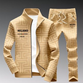 Men's Fashion Fall Winter Casual Trendy Geometric Maze Pattern Milano Italia Print Zip Jacket Pants Set Adults Men Street Style Sportswear Casual Wear