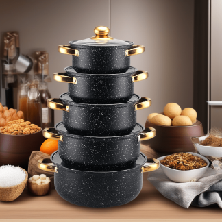 10pcs Starry Sky Pattern Black Golden Edge Granite Cookware Set | 5 Pots + 5 Lids, Stainless Steel 408, Multi-functional Non-stick, Ideal for Frying Steak, Stewing Soup, Stir-Frying, High-Appearance Kitchen Assistant