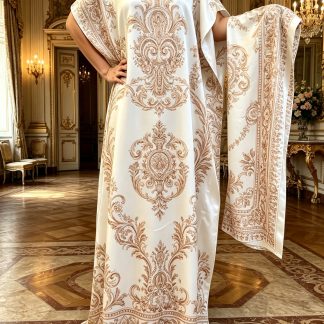 Plus Size, 2pcs Set, Plus-size Women's Clothing, Summer Fashion Casual Elegant New Large-size Long Dress with Scarf, Geometric Art Print, Round Neck, Loose Fit, Long Style, Lightweight Non-stretch Fabric, Suitable for Holiday Parties