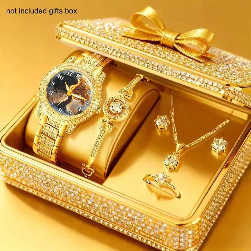 1 MSCXDK Ladies' Watch + 5pcs of Jewelry, Minimalist Design, Suitable for Formal and Daily Occasions - Quartz Movement, Battery-powered, Suitable for Office, Casual, and Formal Events - Practical Luxury Wristwatch, Casual Wristwatch, Slim Design
